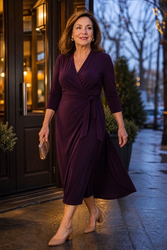 wrap midi jewel toned comfort