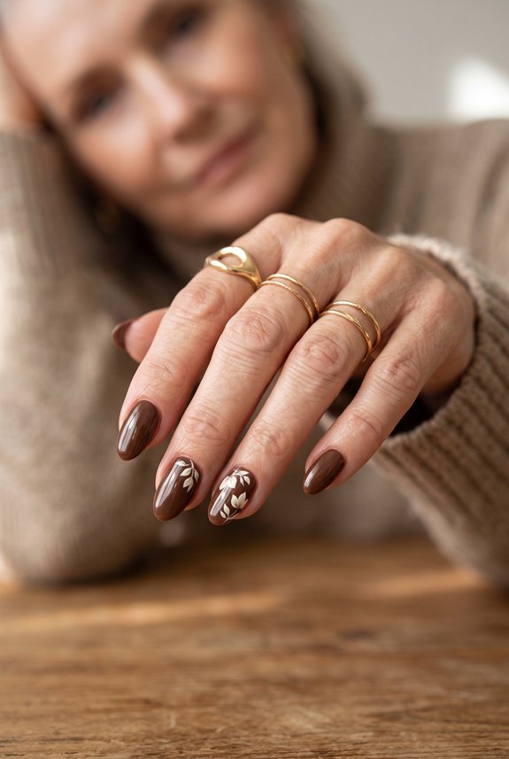 chocolate brown floral nails