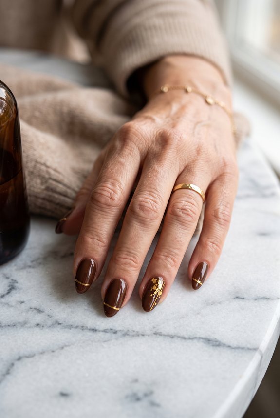 chocolate brown nails gold accents